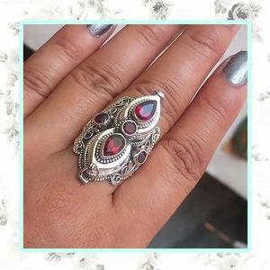 🌺 RING INLAID RED CUBIC ZIRCONIA BOHEMIAN ANTIQUE VINTAGE SILVER BOHO SIZE 7